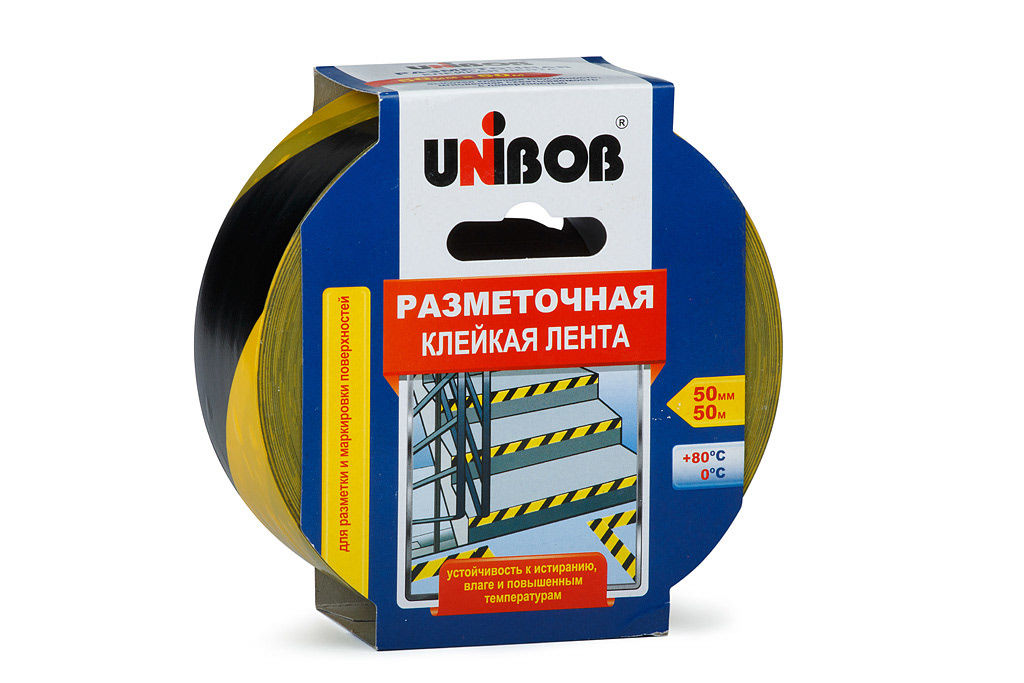 Лента клейкая ПВХ разметочная UNIBOB 50мм х 50м, желто-черная 1/24 ТМВМ.РФ