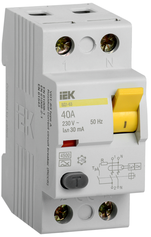 Выключатель дифференциального тока УЗО 2п ВД1-63 40А 30мА IEK