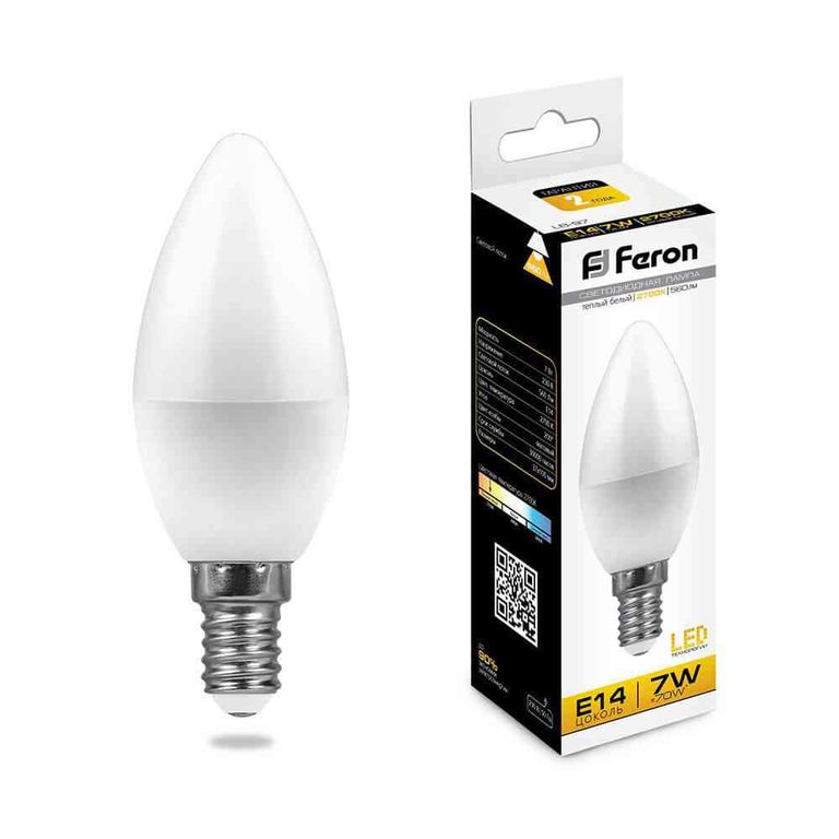 Лампа светодиодная LED 7вт 230в Е14 свеча теплая Feron