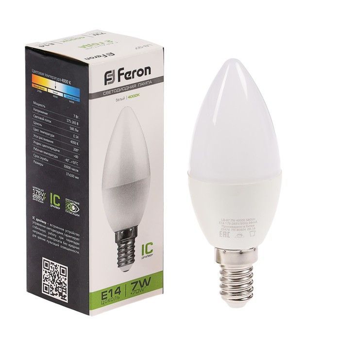 Лампа светодиодная LED 7вт 230в Е14 свеча белая Feron