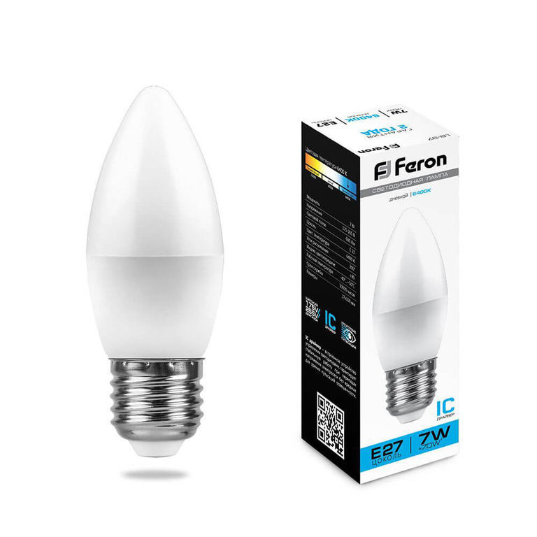 Лампа светодиодная LED 7вт 230в Е27 свеча дневная Feron