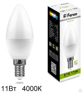 Лампа светодиодная LED 11вт 230в Е14 свеча белая Feron 