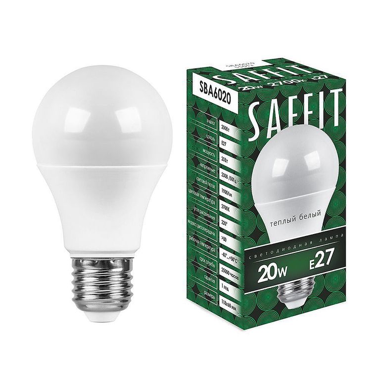 Лампа светодиодная LED 20вт теплая Е27 SAFFIT