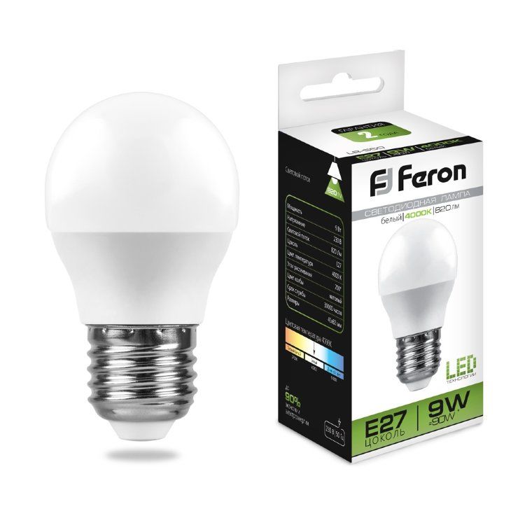 Лампа светодиодная LED 9 вт 230в Е27 шар белый Feron