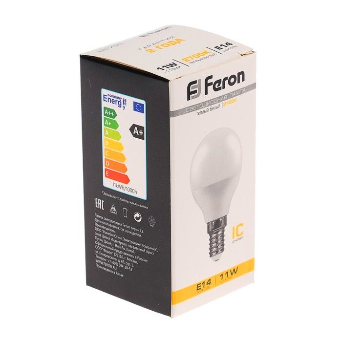 Лампа светодиодная LED 11вт 230в Е14 шар теплый Feron