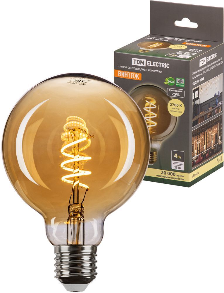 Лампа светодиодная «Винтаж» золотистая G95 (со спиралью) 4Вт 230В 2700К, E27 (шар) TDM