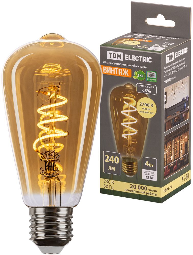 Лампа светодиодная «Винтаж» золотистая ST64 (со спиралью) 4Вт 230В 2700К E27 (конус) TDM