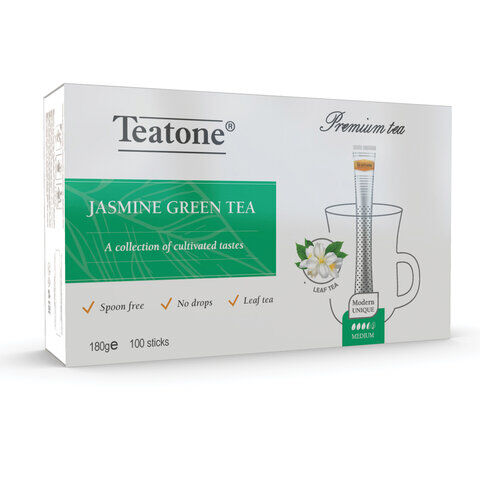 Чай TEATONE, зеленый с ароматом жасмина, 100 стиков по 1,8 г, картонная коробка
