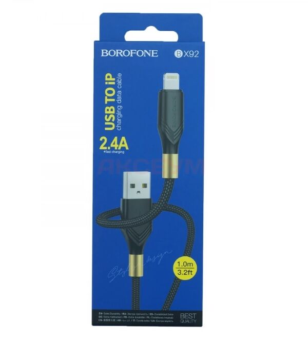 USB кабель шт.USB (A) - шт.Lightning 1,0м, 2,4A тканевый, черный BX92 "Borofone"