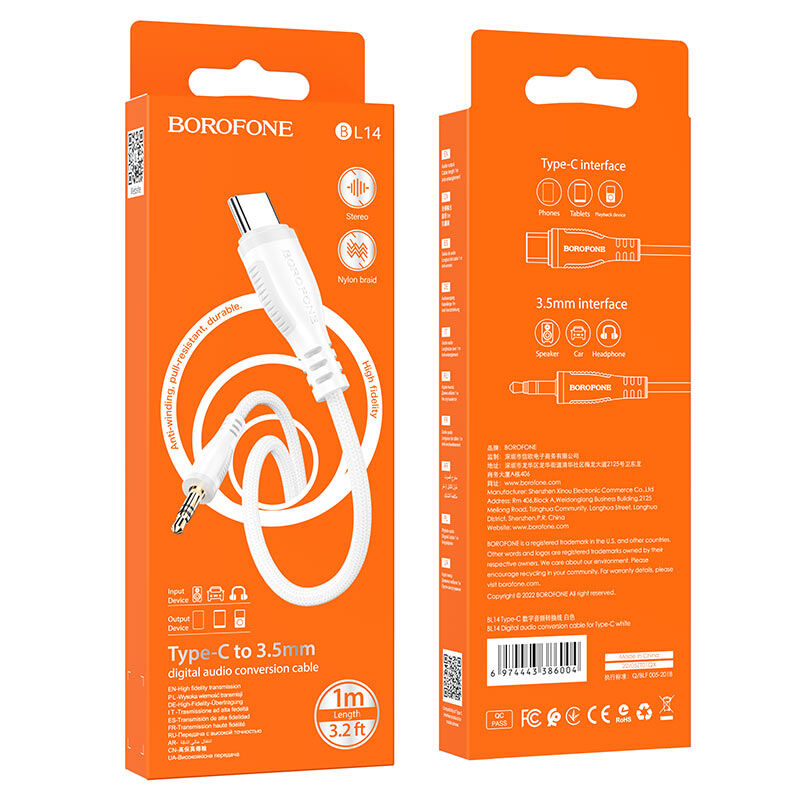 USB кабель шт.Type-C - шт.3,5мм 1м, тканевый, белый BL14 "Borofone" 4