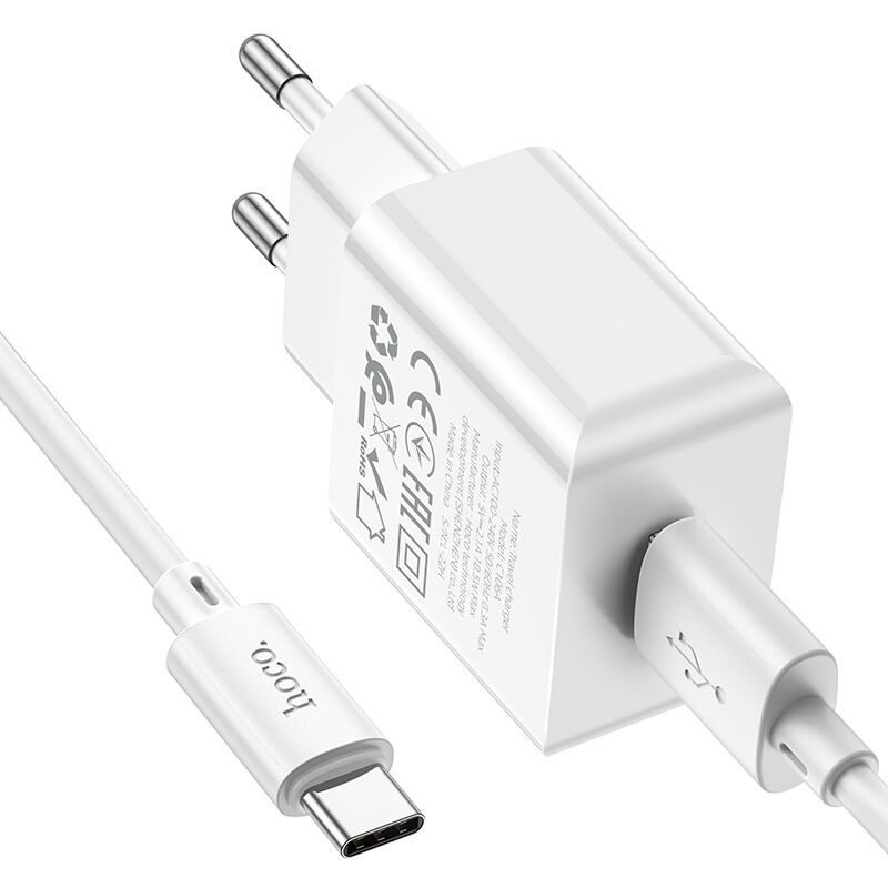 Адаптер постоянного тока Hoco C106A, 1гн.USB 5В,2,1А + кабель Type-C, белый 5