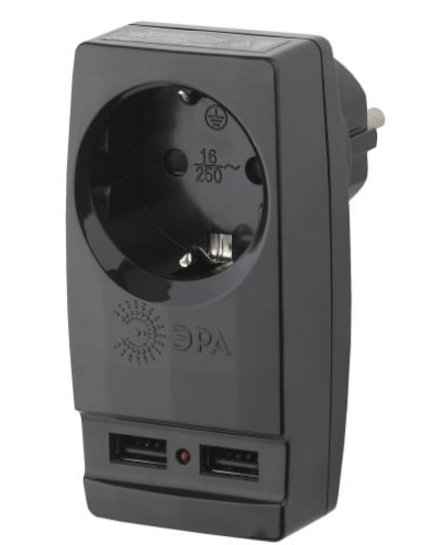 Адаптер ЭРА Polynom 1 гн-220Вт. З/К с двумя USB-разъёмами
