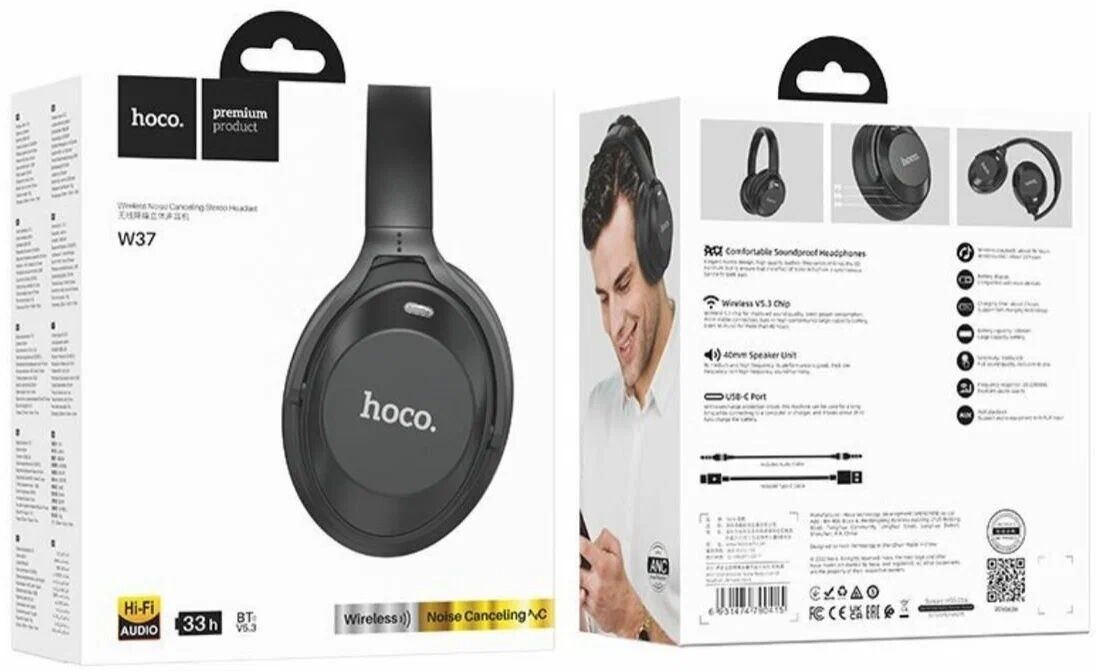 Гарнитура полноразмерная беспроводная Hoco W37 (Bluetooth 5.3,активное шумоподавление), чёрные 4