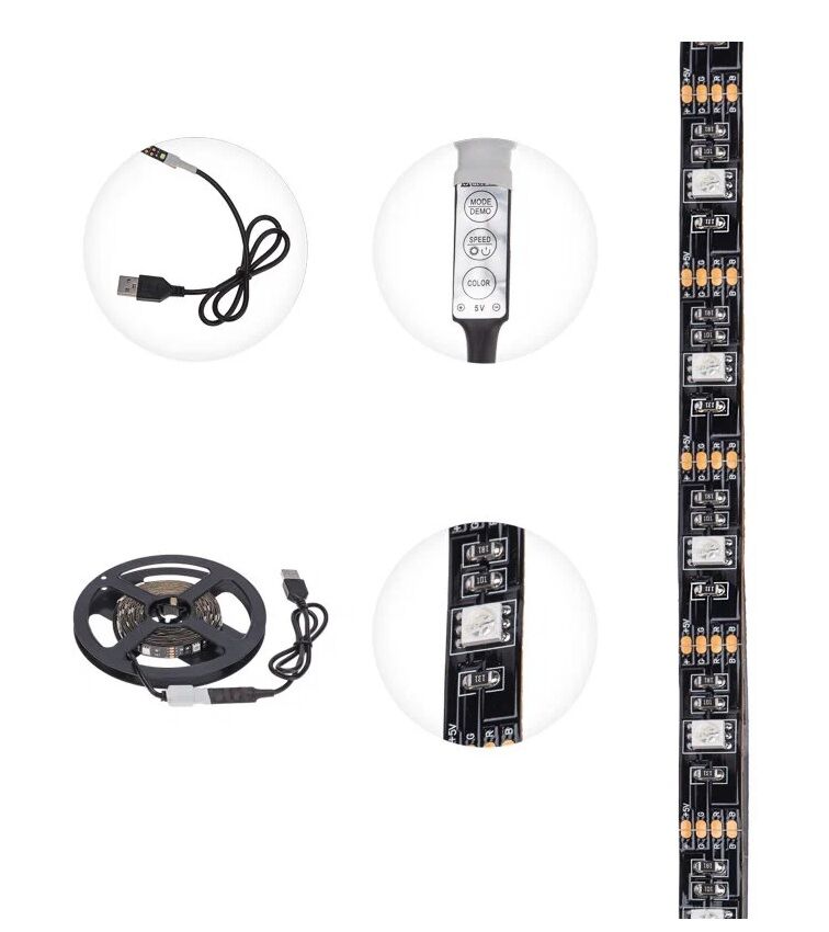 Лента LED с USB коннектором 5В, 10мм, IP20, SMD5050, 30 LED/1м, 7,2Вт/м, 6500K RGB 3м "Lamper" 1