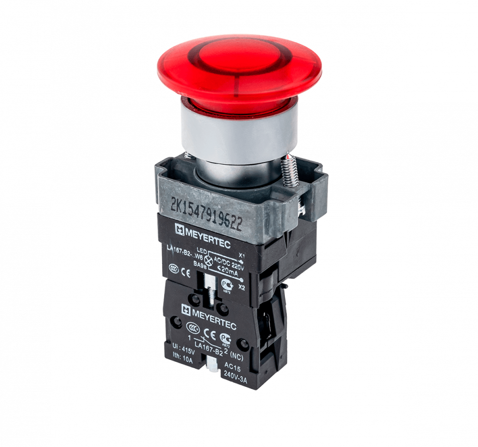 Кнопка грибовидная с LED подсветкой без фиксации, 24V AC/DC, 1NC, красный, ?40 мм, мет. MTB2-BW4614