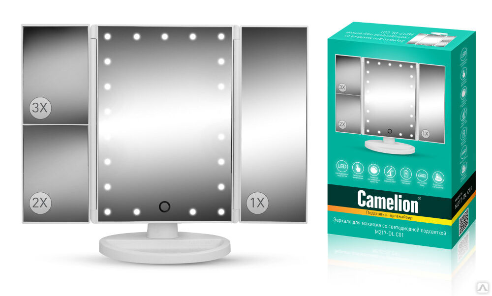 Camelion M217-DL C01 бел.(Зеркало C LED подсветк.,1x/2x/3x-увелич., дневн.свет, 5Вт,4*LR03 / USB) CAMELION