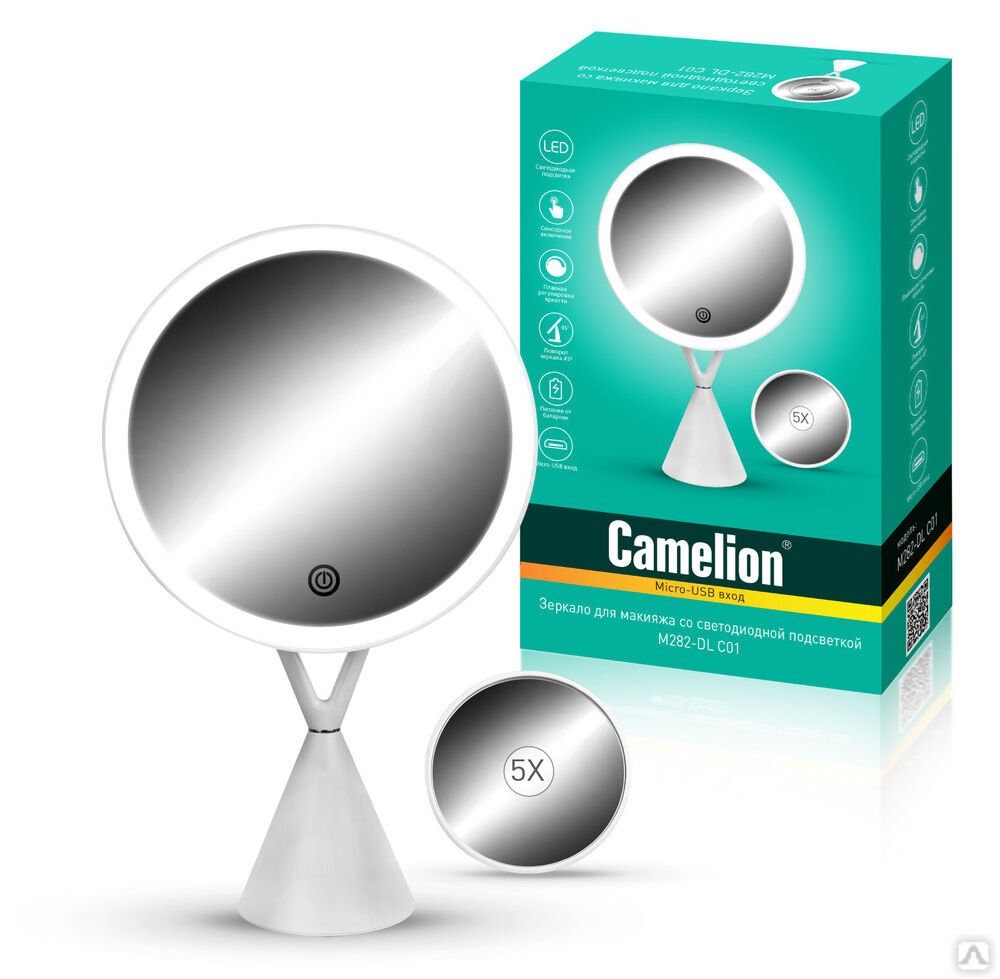 Camelion M282-DL C01 бел.(Зеркало C LED подсветк.,1x/ Cъёмн.5x- увелич.,дневн.свет,5Вт,4*LR03 /USB) CAMELION