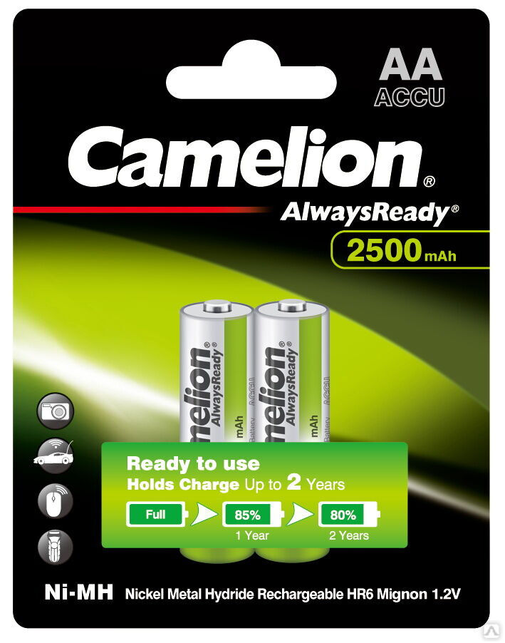Camelion Always Ready AA- 2500mAh Ni-Mh BL-2 (NH-AA2500ARBP2, аккумулятор, 1.2В) CAMELION