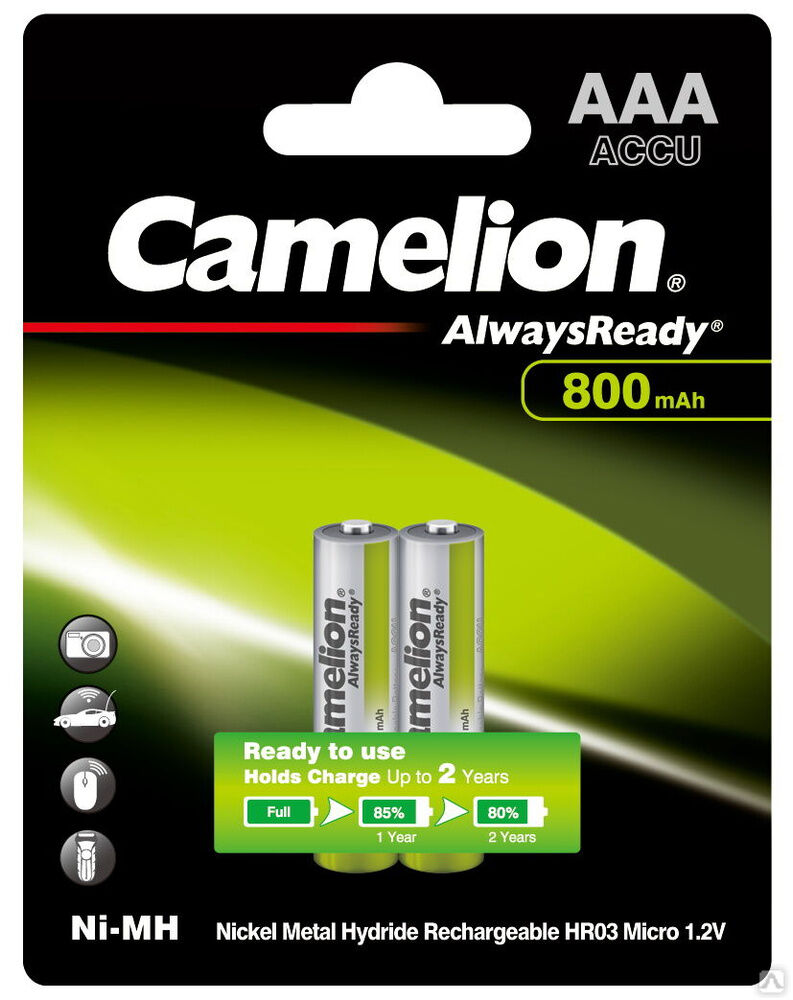 Camelion Always Ready AAA- 800mAh Ni-Mh BL-2 (NH-AAA800ARBP2, аккумулятор, 1.2В) CAMELION