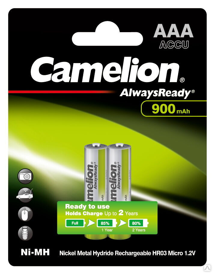 Camelion Always Ready AAA- 900mAh Ni-Mh BL-2 (NH-AAA900ARBP2, аккумулятор, 1.2В) CAMELION