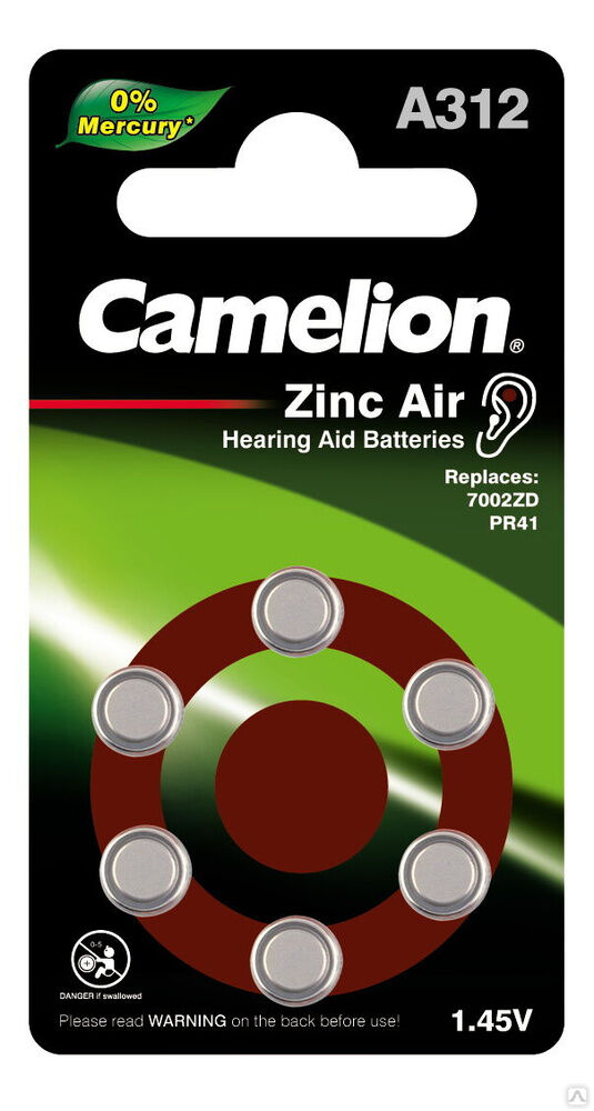 Camelion ZA312 BL-6 Mercury Free (A312-BP6(0%Hg), батарейка для слуховых аппаратов, 1.4 V,170mAh) CAMELION