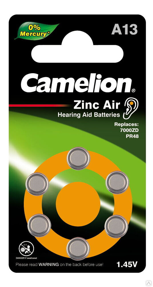 Camelion ZA13 BL-6 Mercury Free (A13-BP6(0%Hg), батарейка для слуховых аппаратов, 1.4 V,280mAh) CAMELION