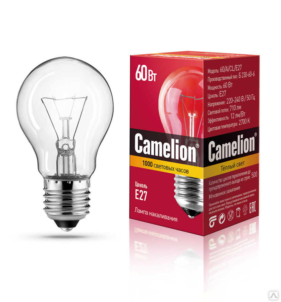 Camelion 60/A/CL/E27 (Эл.Лампа накаливания с прозрачной колбой, ЛОН, Б230-60-6) CAMELION