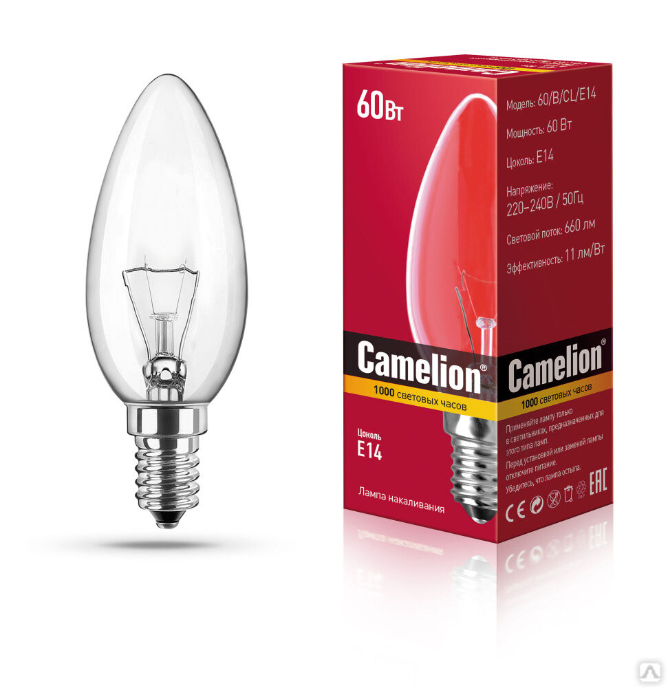 MIC Camelion 60/B/CL/E14 (Эл.Лампа накаливания с прозрачной колбой, свеча) CAMELION