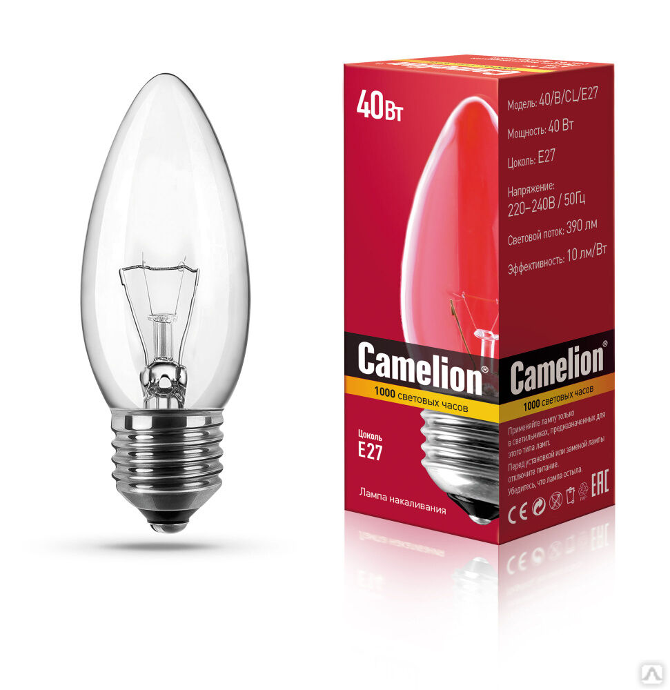 MIC Camelion 40/B/CL/E27 (Эл.Лампа накаливания с прозрачной колбой, свеча) CAMELION