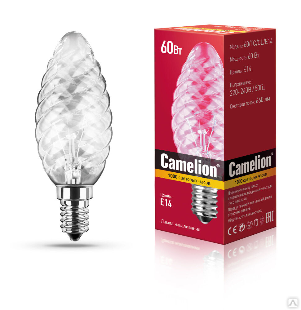 MIC Camelion 60/TC/CL/E14 (Эл.Лампа накаливания с прозрачной колбой, свеча витая) CAMELION