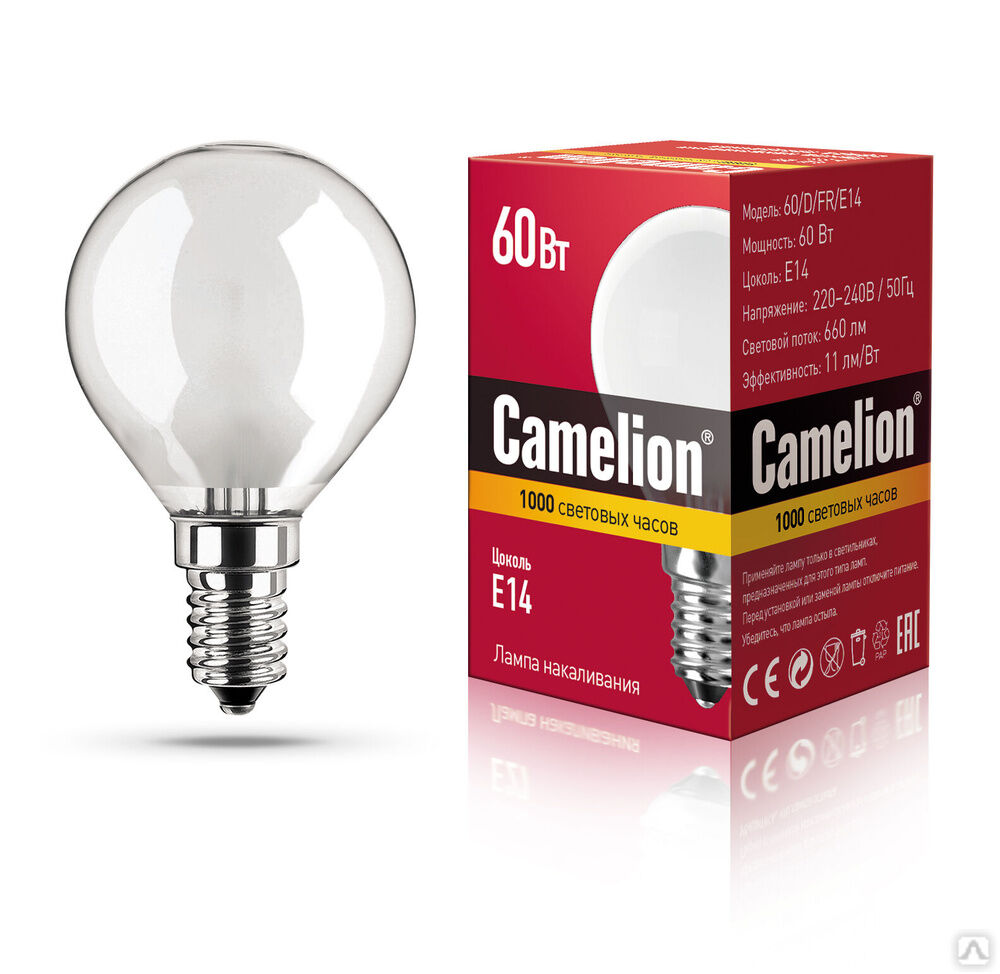 MIC Camelion 60/D/FR/E14 (Эл.лампа накал.с матовой колбой, сфера) CAMELION