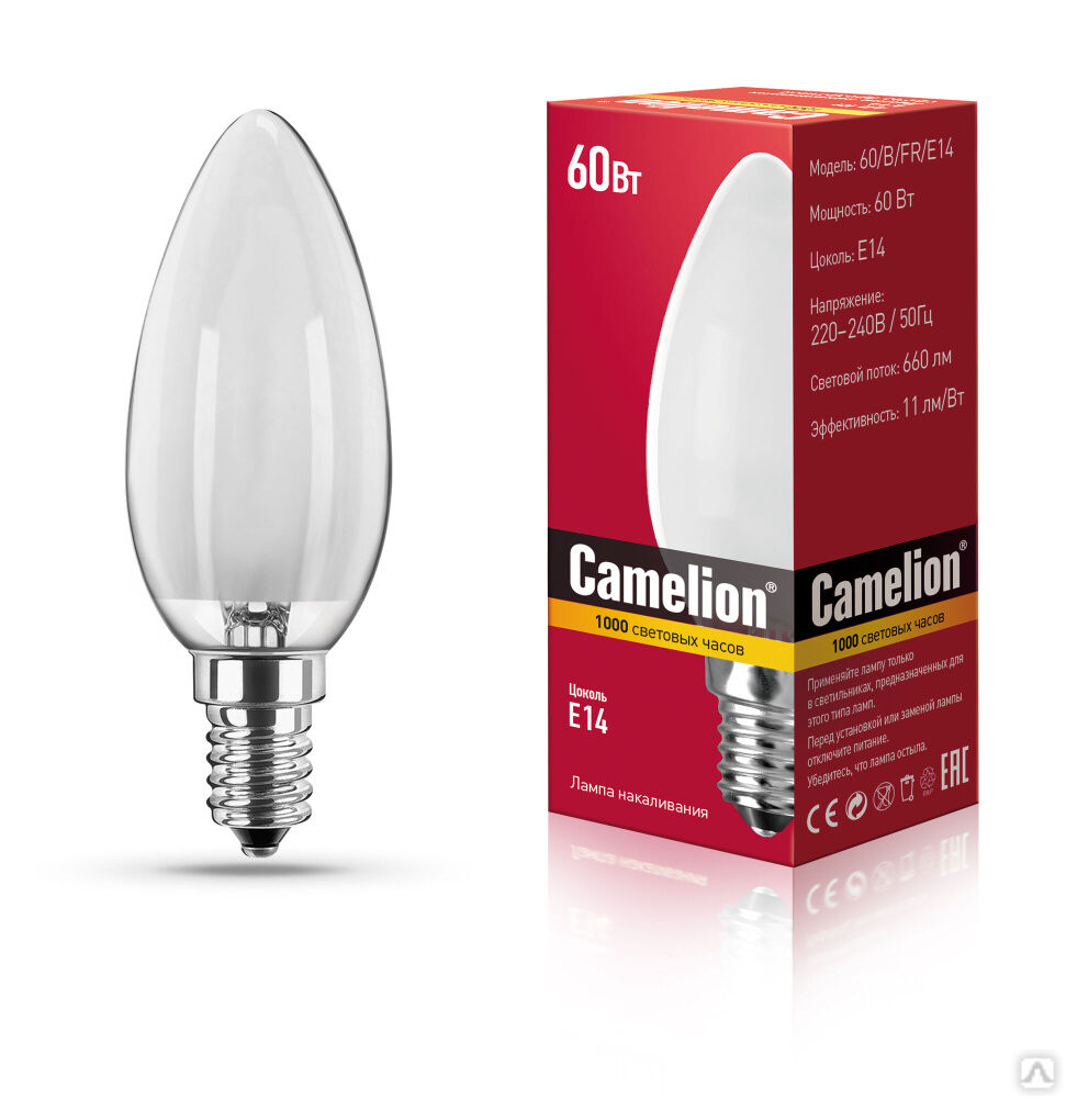 MIC Camelion 60/B/FR/E14 (Эл.лампа накал.с матовой колбой, свеча) CAMELION