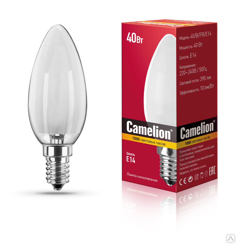 MIC Camelion 40/B/FR/E14 (Эл.лампа накал.с матовой колбой, свеча) CAMELION