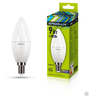 Лампа электрическая светодиодная LED-C35-9W-E14-6K Свеча 9Вт E14 6500K 172-265В ERGOLUX 