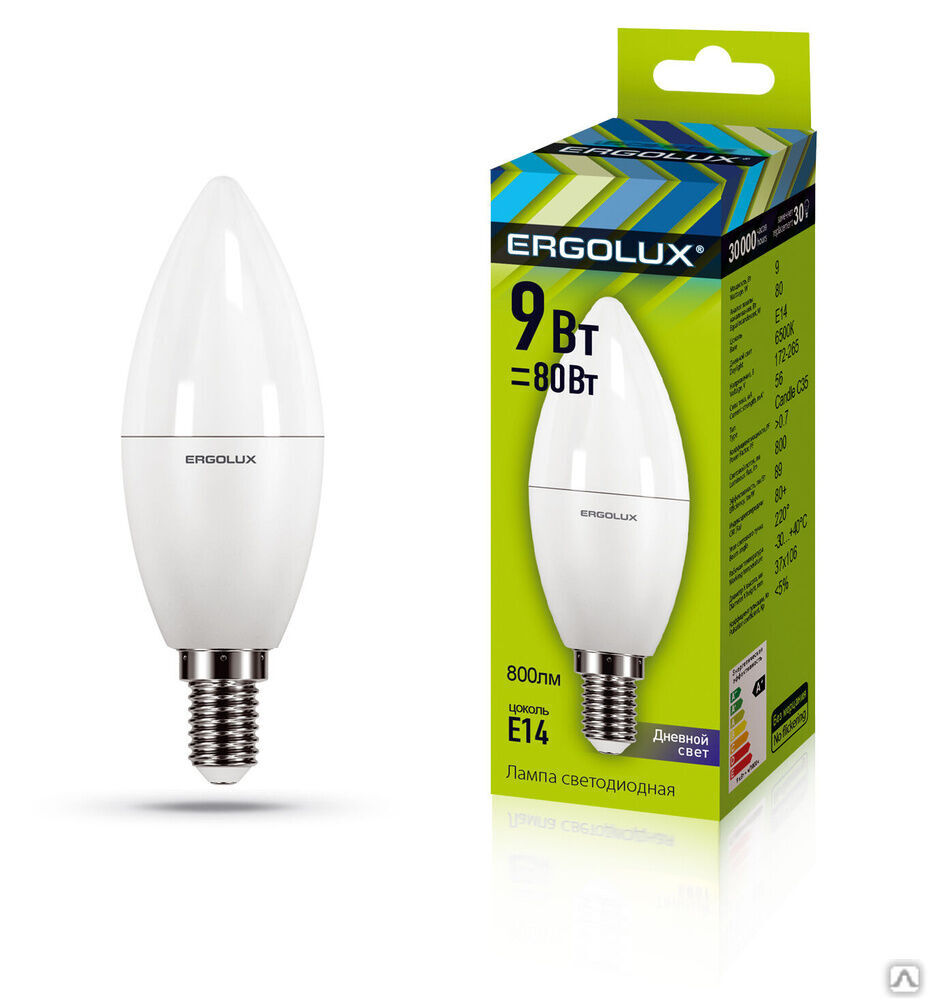 Лампа электрическая светодиодная LED-C35-9W-E14-6K Свеча 9Вт E14 6500K 172-265В ERGOLUX