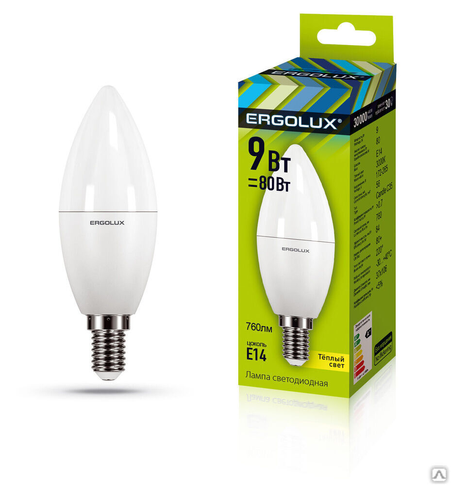 Лампа электрическая светодиодная LED-C35-9W-E14-3K Свеча 9Вт E14 3000K 172-265В ERGOLUX