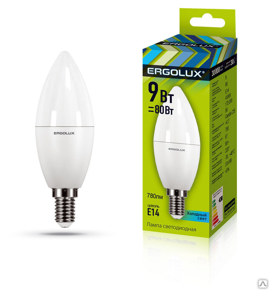 Лампа электрическая светодиодная LED-C35-9W-E14-4K Свеча 9Вт E14 4500K 172-265В ERGOLUX