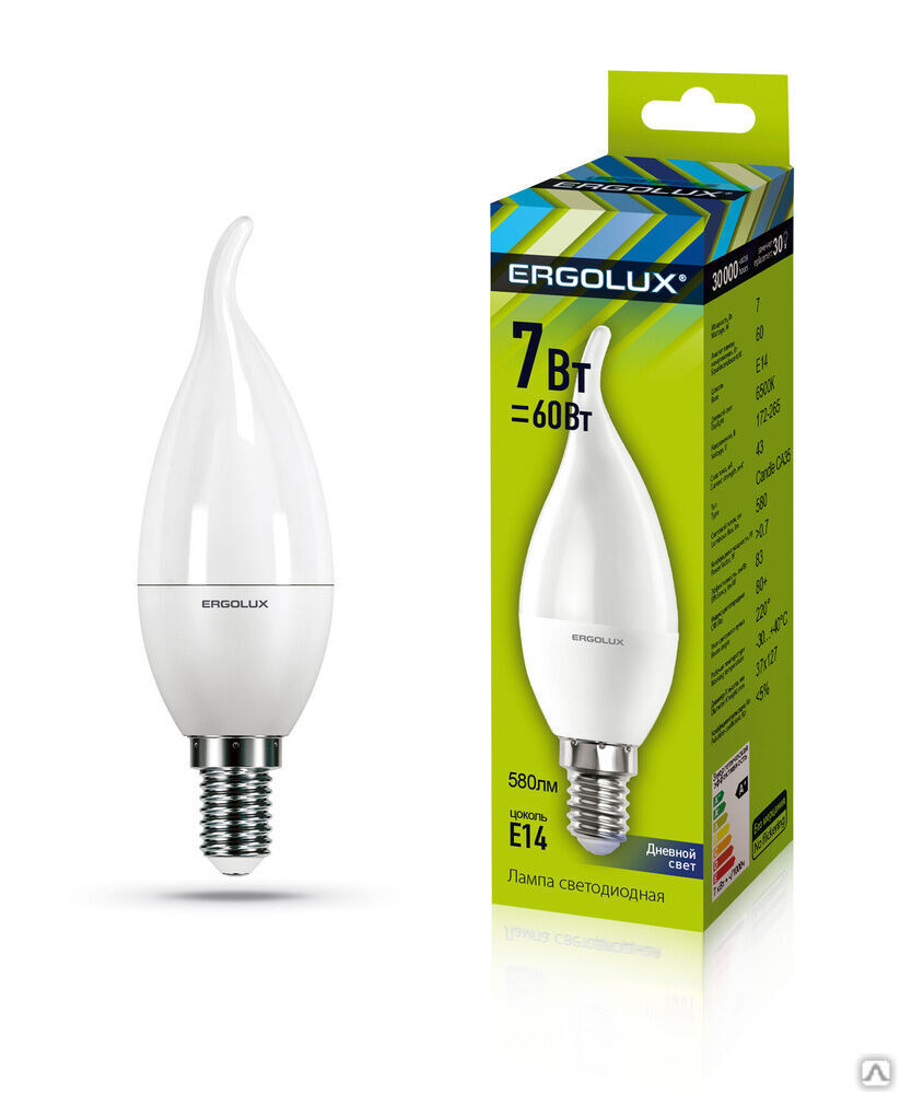 Лампа электрическая светодиодная LED-CA35-7W-E14-6K Свеча на ветру 7Вт E14 6500K 172-265В ERGOLUX