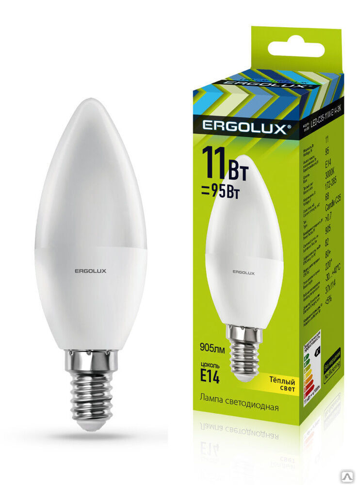 Лампа электрическая светодиодная LED-C35-11W-E14-3K Свеча 11Вт E14 3000K 180-240В ERGOLUX