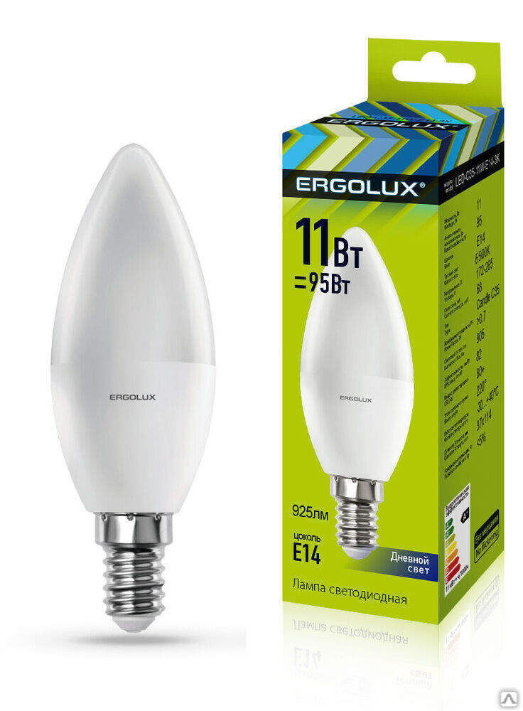 Лампа электрическая светодиодная LED-C35-11W-E14-6K Свеча 11Вт E14 6500K 180-240В ERGOLUX