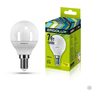 Лампа электрическая светодиодная LED-G45-7W-E14-3K Шар 7Вт E14 3000K 172-265В ERGOLUX 