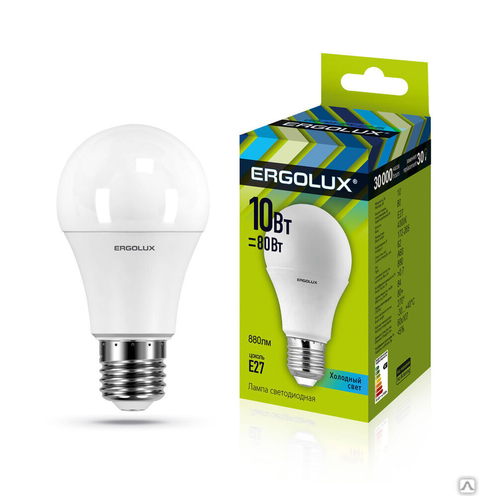 Лампа электрическая светодиодная LED-A60-10W-E27-4K ЛОН 10Вт E27 4500K 180-240В ERGOLUX
