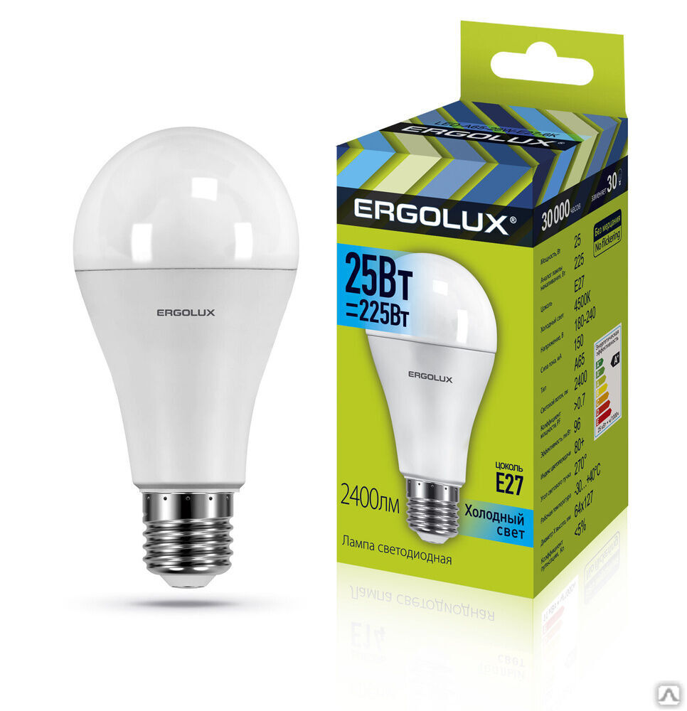 Лампа электрическая светодиодная LED-A65-25W-E27-4K ЛОН 25Вт E27 4500K 180-240В ERGOLUX
