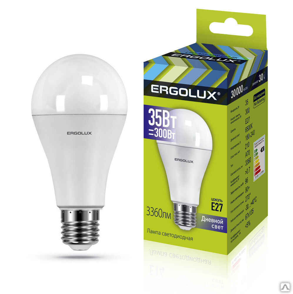 Лампа электрическая светодиодная LED-A70-35W-E27-6K ЛОН 35Вт E27 6500K 180-240В ERGOLUX