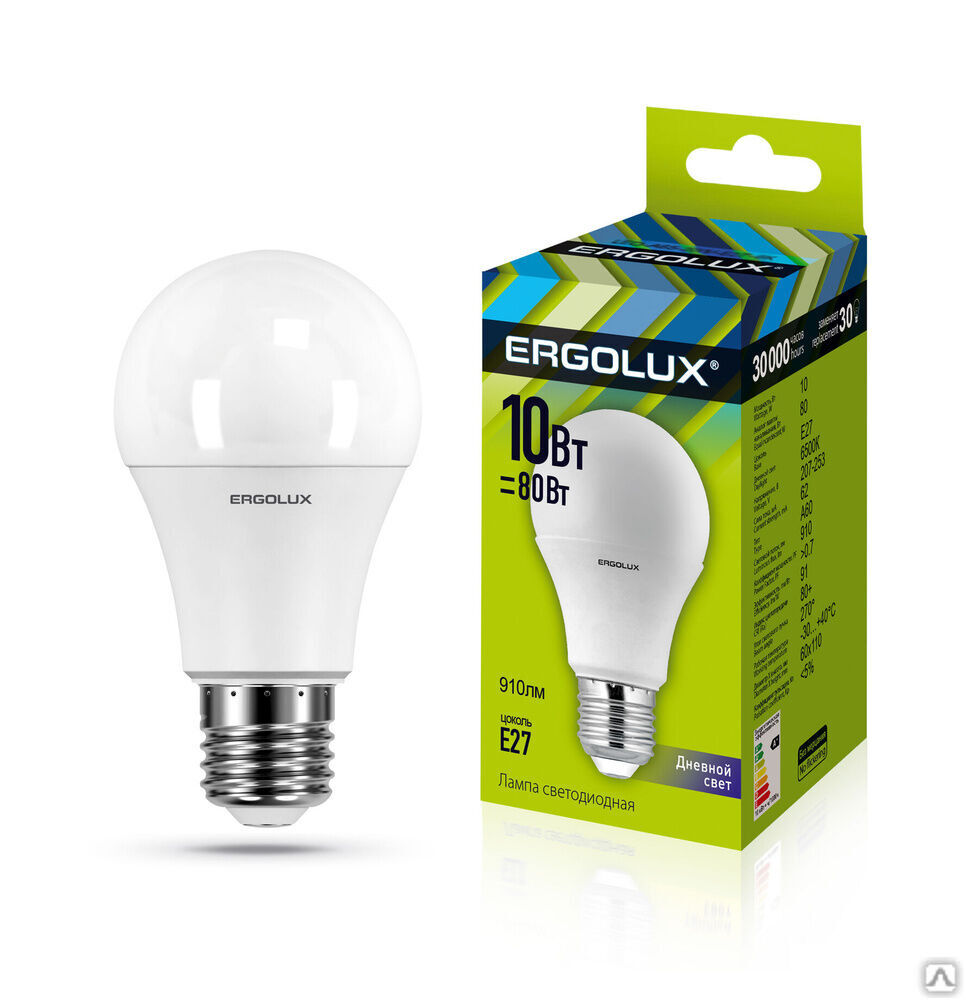 Лампа электрическая светодиодная LED-A60-10W-E27-6K ЛОН 10Вт E27 6500K 180-240В ERGOLUX