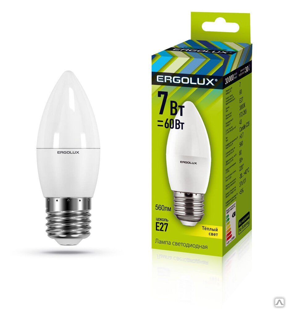 Лампа электрическая светодиодная LED-C35-7W-E27-3K Свеча 7Вт E27 3000K 172-265В ERGOLUX