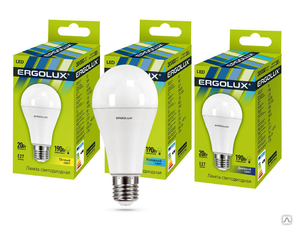 Лампа электрическая светодиодная LED-A65-20W-E27-3K ЛОН 20Вт E27 3000K 180-240В ERGOLUX