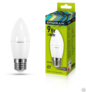 Лампа электрическая светодиодная LED-C35-9W-E27-6K Свеча 9Вт E27 6500K 172-265В ERGOLUX 