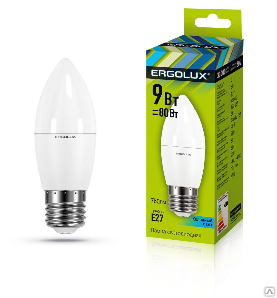 Лампа электрическая светодиодная LED-C35-9W-E27-4K Свеча 9Вт E27 4500K 172-265В ERGOLUX