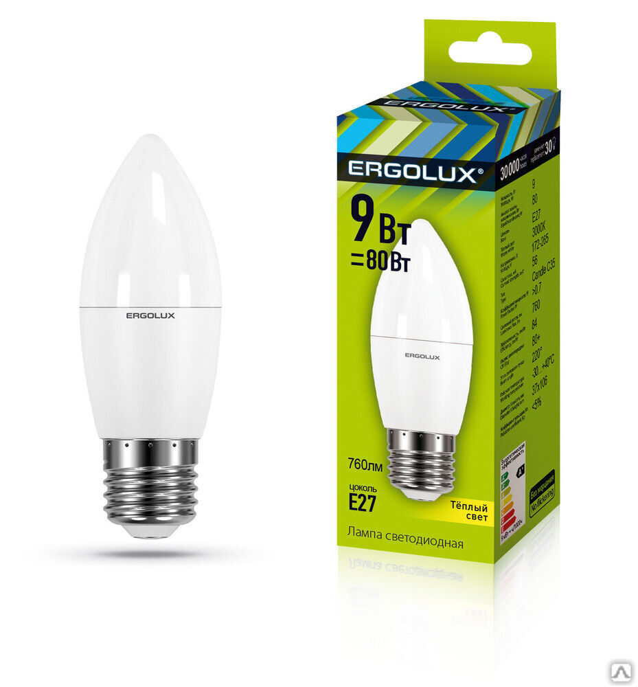 Лампа электрическая светодиодная LED-C35-9W-E27-3K Свеча 9Вт E27 3000K 172-265В ERGOLUX